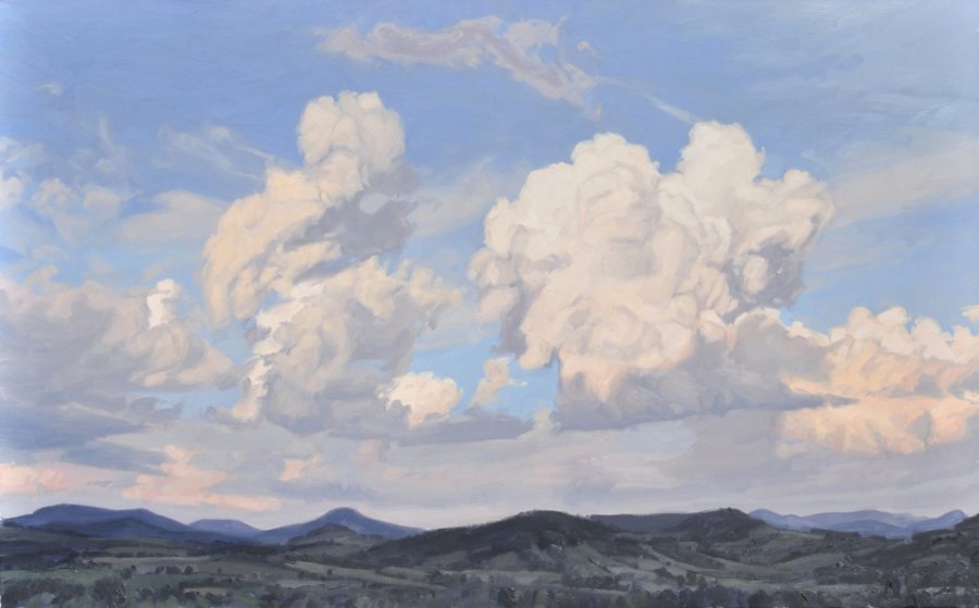 Neuf juin, nuages du soir au-dessus des monts, huile sur toile, 101 x 162 cm, 2021