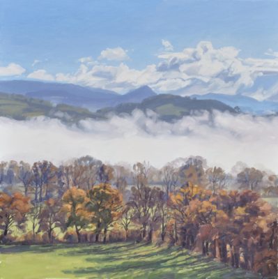 Sept novembre, vallée de la Loire, brumes, huile sur toile, 90 x 90 cm, 2021