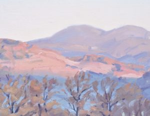 Dix-neuf novembre, soleil couchant sur les monts du Velay, huile sur toile, 50 x 73 cm, 2021