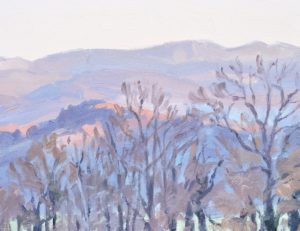 Dix-neuf novembre, soleil couchant sur les monts du Velay, huile sur toile, 50 x 73 cm, 2021