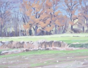 Dix-neuf novembre, soleil couchant sur les monts du Velay, huile sur toile, 50 x 73 cm, 2021