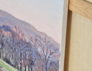 Dix-neuf novembre, soleil couchant sur les monts du Velay, huile sur toile, 50 x 73 cm, 2021