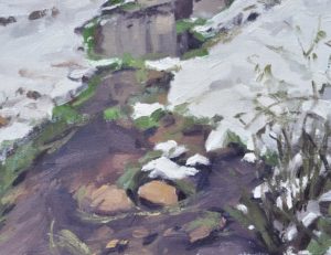 Vingt-huit novembre, premières neiges à Saint Vincent, huile sur toile, 61 x 92 cm, 2021