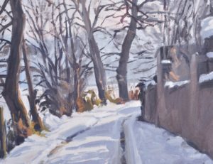 Chemin dans la neige à Saint Vincent, huile sur toile, 50 x 73 cm,  2021