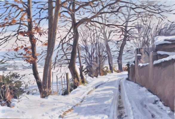Chemin dans la neige à Saint Vincent, huile sur toile, 50 x 73 cm, 2021