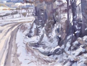 Chemin enneigé à Saint Vincent, lumière du soir, huile sur toile, 61 x 92 cm, 2022