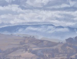 Deux février, nuages sur le mont Mariol, huile sur toile, 120 x 120 cm, 2022