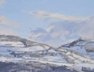 Lever de soleil sur les monts enneigés, huile sur toile, 81 x 130 cm, 2022