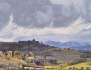 Nuages du soir sur les Roches de Mariol, huile sur toile, 146 x 200 cm, 2022