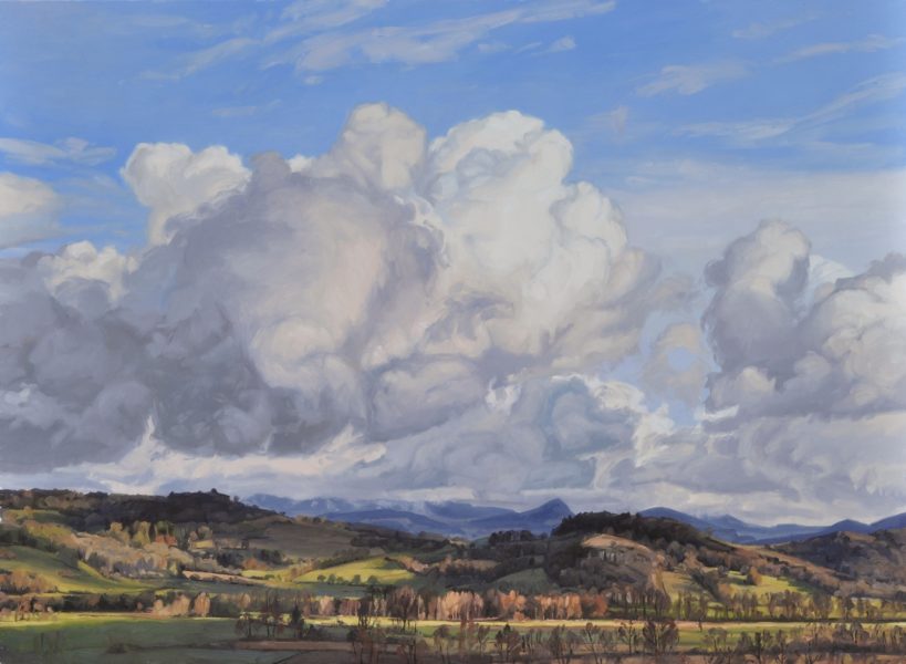 Nuages du soir sur les Roches de Mariol, huile sur toile, 146 x 200 cm, 2022