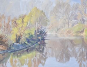 Vingt-six avril, brumes matinales sur la Loire, huile sur toile, 89 x 130 cm, 2022