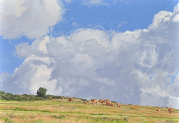 Six septembre, vaches au pâturage sur le Massif du Mézenc, huile sur toile, 89 x 130 cm, 2022