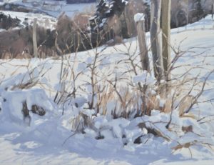 Chemin dans la neige, Saint Julien du Pinet, huile sur toile, 108 x 162 cm, 2023