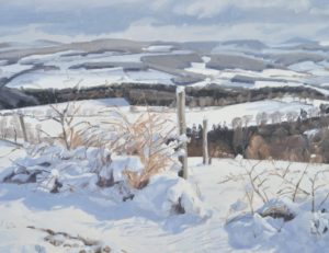 Chemin dans la neige, Saint Julien du Pinet, huile sur toile, 108 x 162 cm, 2023