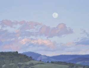 Six mai, lever de lune sur les monts, huile sur toile, 89 x 130 cm, 2023