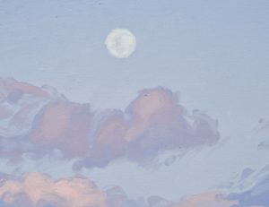 Six mai, lever de lune sur les monts, huile sur toile, 89 x 130 cm, 2023