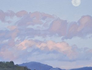 Six mai, lever de lune sur les monts, huile sur toile, 89 x 130 cm, 2023
