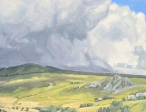 Vingt-quatre juin, nuages, massif du Mézenc, huile sur toile, 60 x 92 cm, 2023