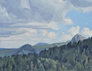 Cinq septembre, nuages, massif du Mézenc, huile sur toile, 89 x 130 cm, 2024