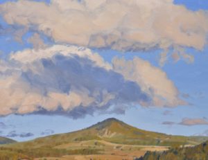Quatorze octobre, nuages sur les monts, lumière du soir, huile sur toile, 89 x 162 cm, 2024