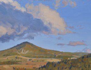 Quatorze octobre, nuages sur les monts, lumière du soir, huile sur toile, 89 x 162 cm, 2024