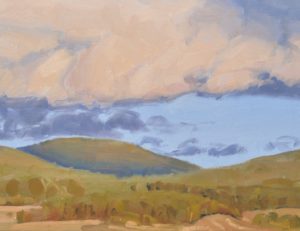 Quatorze octobre, nuages sur les monts, lumière du soir, huile sur toile, 89 x 162 cm, 2024