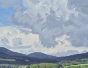 Vingt juin, nuages au-desus des monts, huile sur toile, 108 x 162 cm, 42.5 x 63.7 inch, 2024