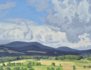 Vingt juin, nuages au-desus des monts, huile sur toile, 108 x 162 cm, 42.5 x 63.7 inch, 2024