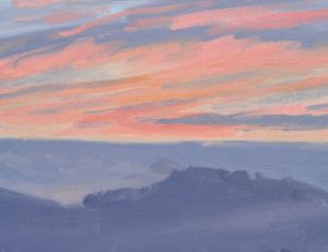 Vingt-six janvier, lever de soleil sur les monts, huile sur toile, 41 x 60 cm, 2024