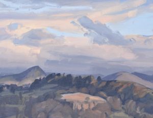 Douze décembre, coucher de soleil sur les Roches de Mariol, huile sur toile, 89 x 130 cm, 2024