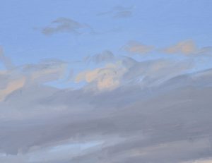 Douze décembre, coucher de soleil sur les Roches de Mariol, huile sur toile, 89 x 130 cm, 2024