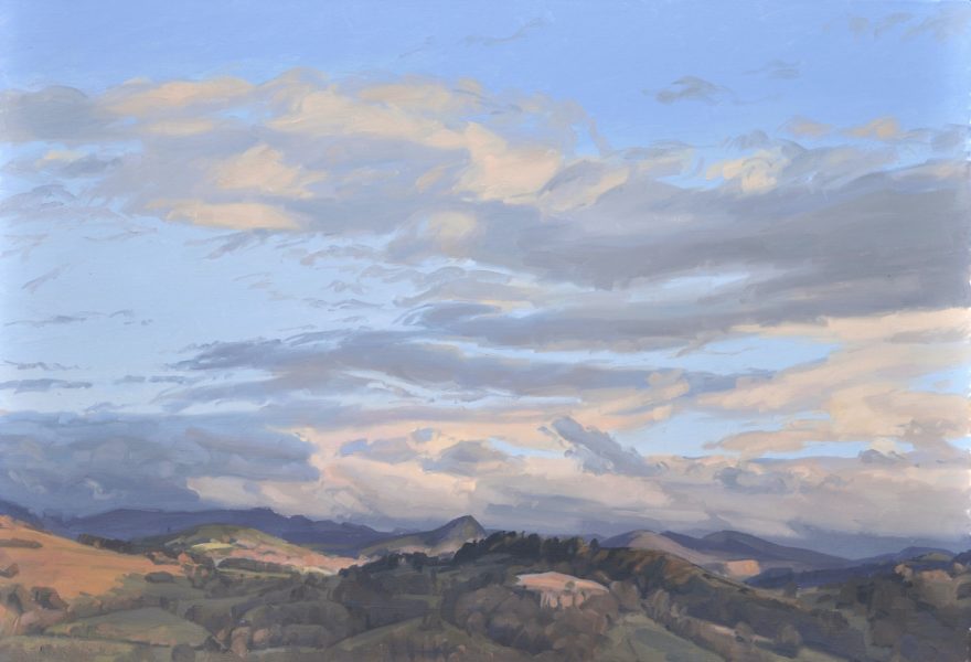 Douze décembre, coucher de soleil sur les Roches de Mariol, huile sur toile, 89 x 130 cm, 2024