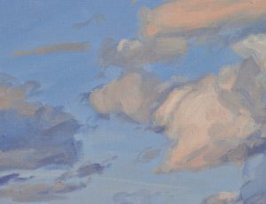 Huit août, soleil couchant sur le suc du Vert, huile sur toile, 41 x 60 cm, 2023