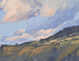 Huit août, soleil couchant sur le suc du Vert, huile sur toile, 41 x 60 cm, 2023