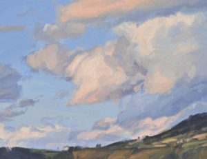 Huit août, soleil couchant sur le suc du Vert, huile sur toile, 41 x 60 cm, 2023