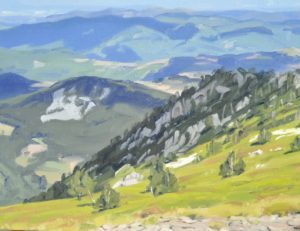 Vingt juin, nuages sur le Mont Mézenc, huile sur toile, 89 x 130 cm, 2024