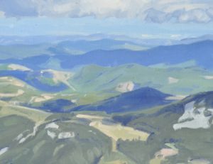 Vingt juin, nuages sur le Mont Mézenc, huile sur toile, 89 x 130 cm, 2024