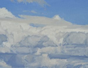 Vingt juin, nuages sur le Mont Mézenc, huile sur toile, 89 x 130 cm, 2024