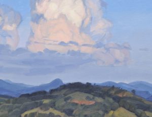 Neuf juin, nuage au-dessus des monts, soleil couchant, huile sur toile, 50 x 73 cm, 2023