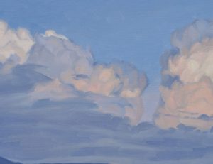 Neuf juin, nuage au-dessus des monts, soleil couchant, huile sur toile, 50 x 73 cm, 2023