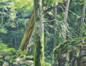 Vingt-cinq juillet, chemin en forêt, Suc de Jalore, huile sur toile, 162 x 108 cm, 2024