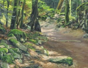 Vingt-cinq juillet, chemin en forêt, Suc de Jalore, huile sur toile, 162 x 108 cm, 2024