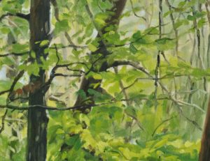 Vingt-cinq juillet, chemin en forêt, Suc de Jalore, huile sur toile, 162 x 108 cm, 2024