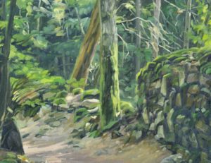 Vingt-cinq juillet, chemin en forêt, Suc de Jalore, huile sur toile, 162 x 108 cm, 2024