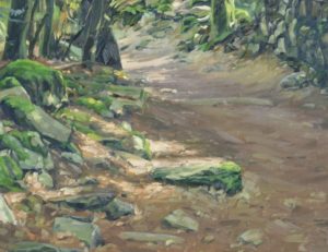 Vingt-cinq juillet, chemin en forêt, Suc de Jalore, huile sur toile, 162 x 108 cm, 2024