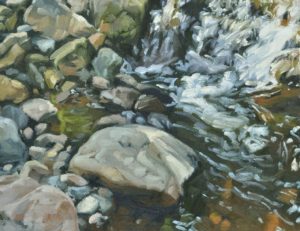 La Sumène, à travers roches, huile sur toile, 61 x 92 cm, 2024