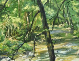 Les quatre arbres au bord de la Sumène, huile sur toile, 162 x 108 cm, 2024
