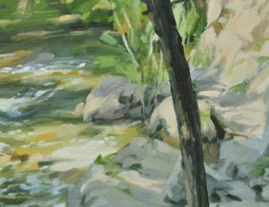 Les quatre arbres au bord de la Sumène, huile sur toile, 162 x 108 cm, 2024