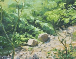 Les deux rochers, bords de la Sumène, huile sur toile, 61 x 92 cm, 2024