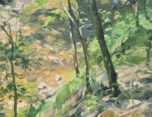 Les deux rochers, bords de la Sumène, huile sur toile, 61 x 92 cm, 2024